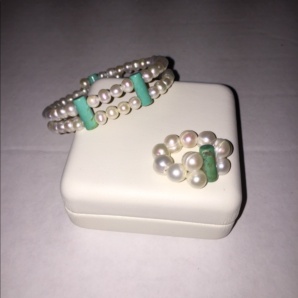 Pearl / Turquoise bracelet and ring set boho vibes